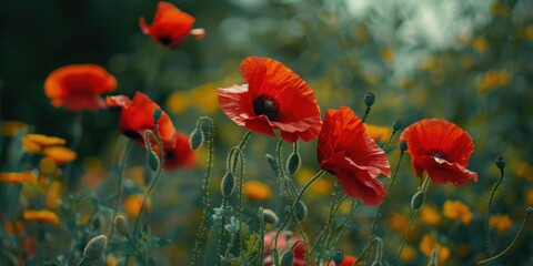 Obraz premium A field of red poppies with yellow flowers in the background