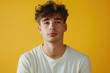 A young man with messy hair is wearing a white shirt and looking at the camera. The yellow background adds a warm and inviting atmosphere to the photo