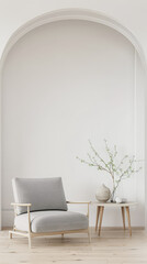 Apartment room with a minimalist interiors composition with minimal furniture or arrangements and copy space for text. Premium residential Real Estate concept image.