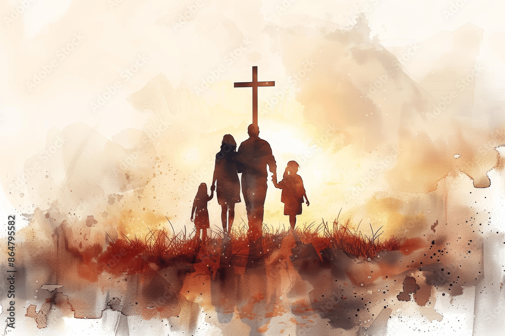 Wall mural Dreamlike Watercolor Family with Cross, Spiritual Concept Art