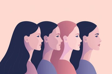 Four women with different hair colors and styles are shown in a row. Concept of unity and diversity among the women, as they are all different but still standing together