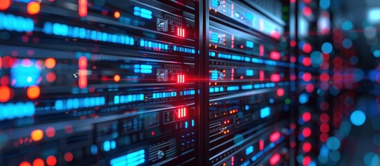 Naklejka premium A high-tech data center featuring rows of server racks with colorful LED lights, showcasing advanced technology and modern infrastructure.