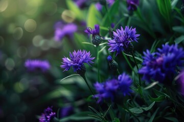 A bunch of purple flowers are in a field. The flowers are in full bloom and are surrounded by green leaves. The image has a peaceful and serene mood, as the flowers are in a natural setting