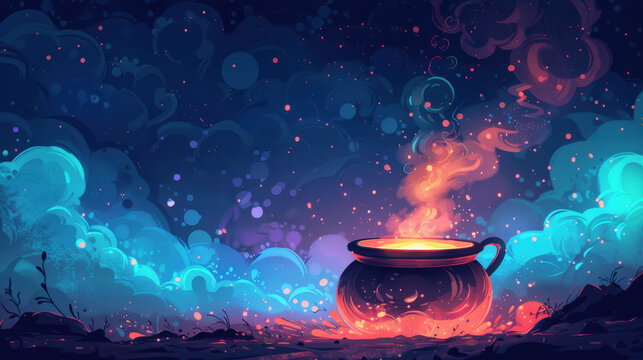 simple cauldron with abstract bubbles rising from it, using minimalistic design and a dark background to create a witchy, Halloween-themed scene