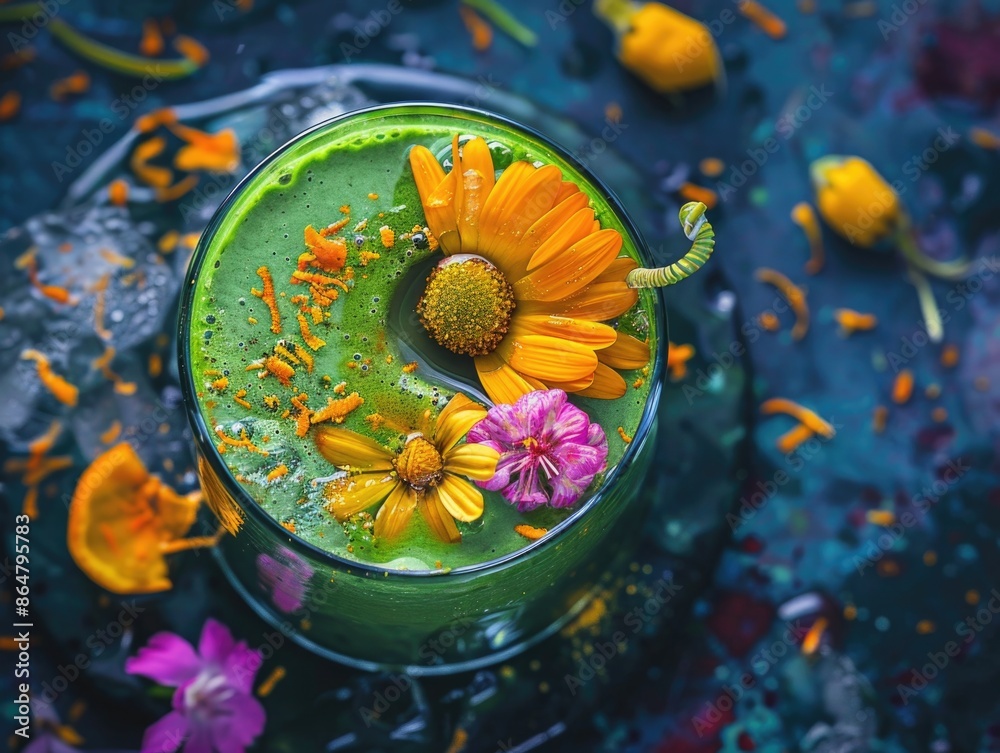 Canvas Prints a glass of green juice with flowers on top. the flowers are orange and yellow