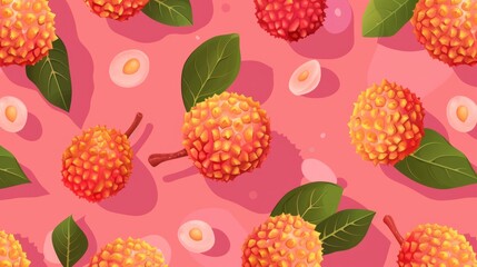 An illustration of lychee fruits on a pink background, showcasing the fruits bright red and yellow hues and its sweet, exotic appeal