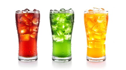 Assorted Soft Drinks Bottles and Glasses on White Background