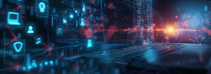 futuristic e-learning webinar virtual reality technology online education training seminar digital business icons holographic display laptop banner web design