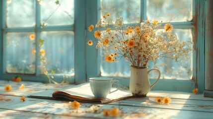 Still Life with Flowers and Candle on Table