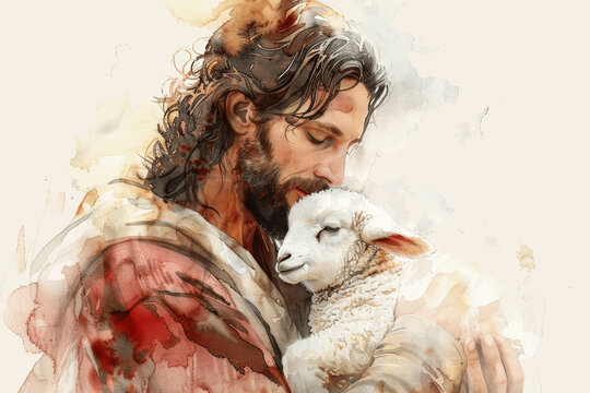 Watercolor Illustration of Jesus Holding a Baby Lamb in a Cute Style