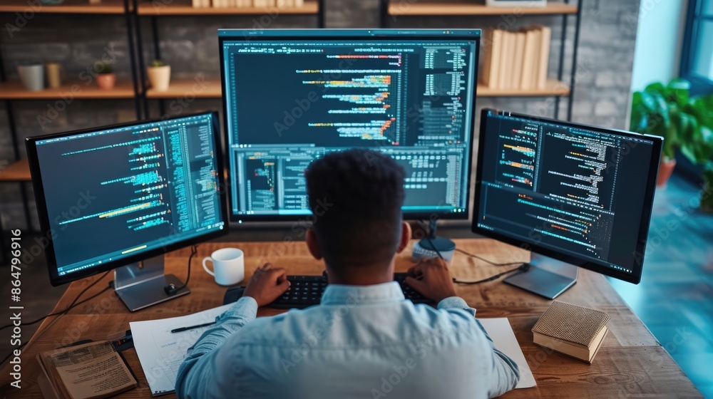 Poster a focused software developer codes on a dual monitor setup in a modern office environment with a min