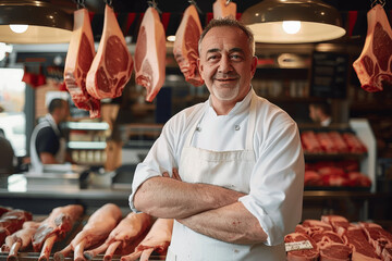 Middle-aged butcher wearing white apron standing at meat counter with raw pork and lamb in display case at modern meat shop