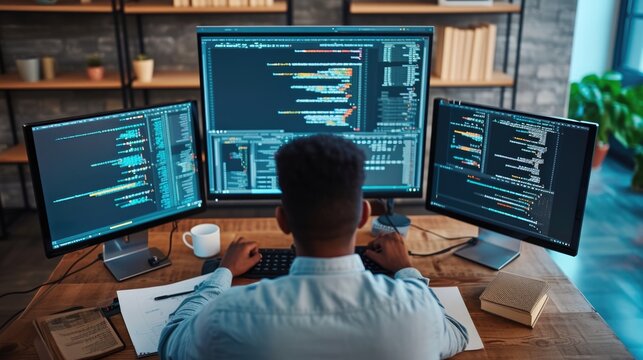 A focused software developer codes on a dual monitor setup in a modern office environment with a minimalist aesthetic. AIG41