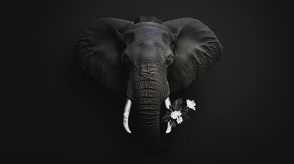 Fototapeta premium Elephant head in black and white, exquisite detail, black background, stark and captivating contrast