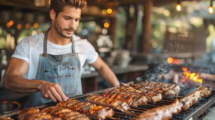 Man grilling meat on a barbecue in an outdoor kitchen