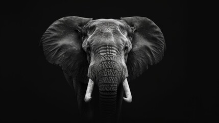 Elephant head portrait, black and white, fine textures, black background, timeless and powerful imagery