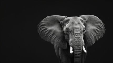 Fototapeta premium Elephant head portrait, black and white, fine textures, black background, timeless and powerful imagery