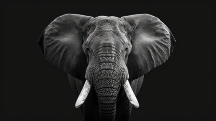 Elephant head with fine details, monochrome, black background, high contrast, elegant and powerful