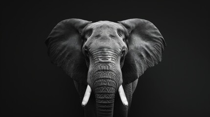 Fototapeta premium Elephant head with fine details, monochrome, black background, high contrast, elegant and powerful