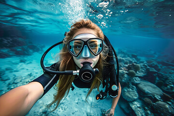 Caucasian female scuba diver taking a selfie underwater, diving adventure