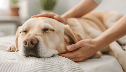 A relaxed Labrador retriever lies peacefully on a bed while being gently petted by caring hands, depicting comfort and companionship.