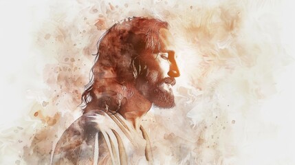 Obraz premium Biblical Illustration of Jesus with Light Shining, Watercolor Style, Faith and Illumination, Beige Background, copyspace