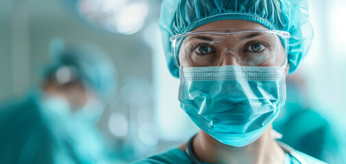 Close-up of a focused female surgeon wearing a surgical mask and cap in an operating room. Background blurred with another surgeon visible.