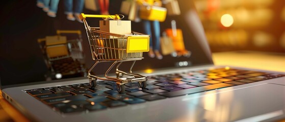 Online shopping e-commerce and customer experience concept: cashiers with shopping cart on a laptop keyboard, depict shopper consumers buy or purchase goods and services at home or office