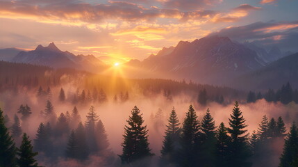 Misty mountains with gentle slopes at sunrise.   Misty mountains with gentle slopes at sunrise. Landscape with forested hills and silhouettes of fir trees