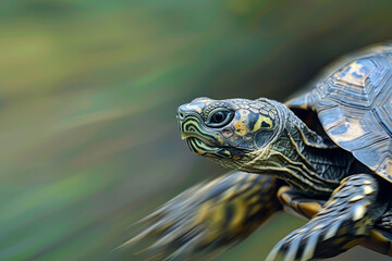 Fast-moving turtle, speed and wildlife concept