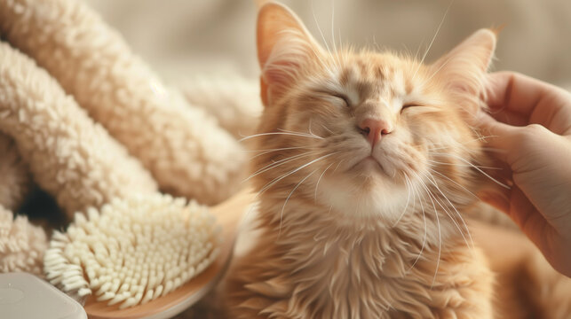 Close-up of a content orange tabby cat being petted, with a grooming brush visible in the background.