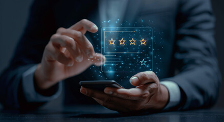 Businessman using smartphone for excellent service rating customer feedback satisfaction review high quality user evaluation best survey positive reputation ranking concept