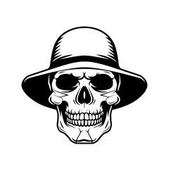 Skull Wearing Fedora Hat Illustration, Black and white illustration of a skull wearing a stylish fedora hat, blending classic fashion with a spooky theme.
