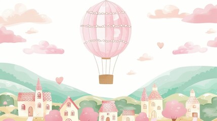 Fototapeta premium Whimsical pastel illustration of a hot air balloon soaring over a charming village with a dreamy landscape of hills and clouds.