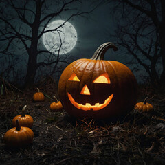 Lots of Halloween pumpkins in a dark forest
