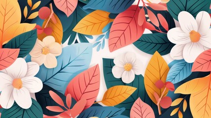 Fototapeta premium Flat, colorful, stylized floral design, unique shapes and colors, detailed leaves and flowers, contemporary and eye-catching