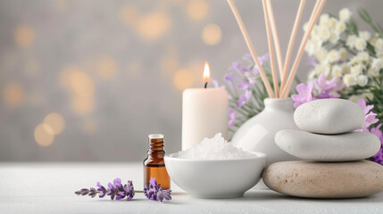 Relaxing spa scene with essential oils, aromatic candle, and purple flowers for a calming and rejuvenating experience.