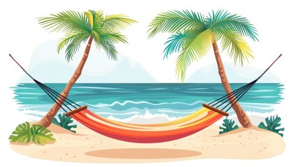 Serene beach scene with a colorful hammock stretched between two palm trees overlooking the ocean, perfect for relaxation and vacation vibes.