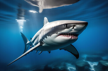 Fototapeta premium A large, beautiful, white shark in the sea, in its natural habitat. 