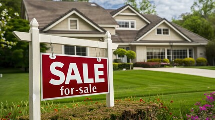 House for sale. A stunning real estate photograph of a suburban home with a "for-sale" sign in the yard, indicating that the property has already been sold
