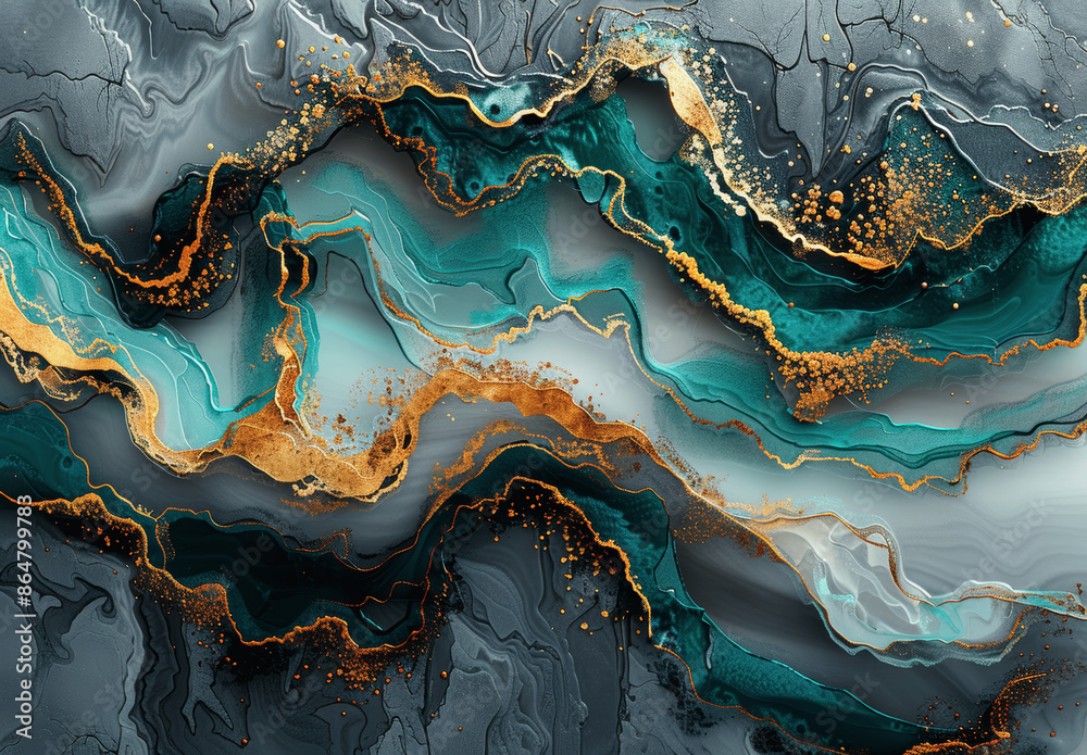 Wall mural Turquoise and Gold Abstract Painting on Dark Grey Background Flowing Water Patterns High Resolution