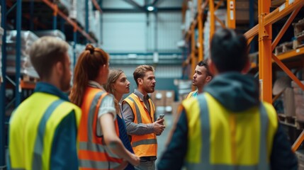 A team of warehouse workers in safety vests engage in a group discussion in a large modern logistics center. AIG41