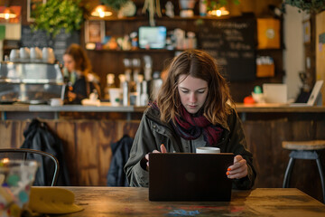 Freelancer woman working on digital laptop with coffee