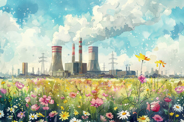 Obraz premium A painting of a field with a power plant in the background