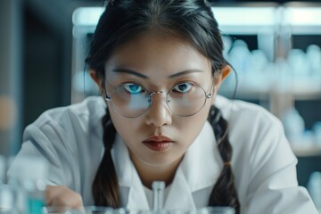 42. Portrait of an Asian lab technician preparing cosmetic samples for testing, high quality photo, photorealistic, focused expression, well-lit lab
