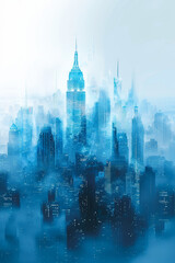 Fototapeta premium Futuristic Cityscape in Blue Hues with Mist and Skyscrapers