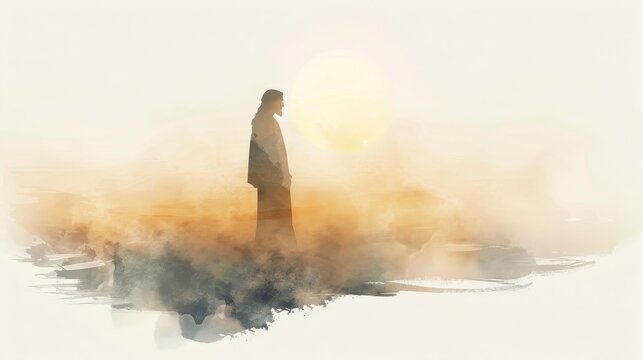 Minimalist Jesus Silhouette Against Gradient Sunset, Simplicity and Peace, Biblical Illustration, Beige Background, copyspace