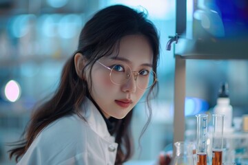 50. Portrait of an Asian cosmetic researcher experimenting with new ingredients, high quality photo, photorealistic, focused expression, well-lit lab