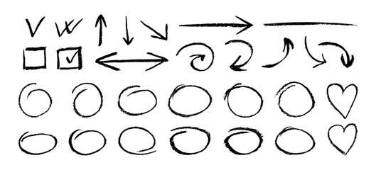 Set of black freehand design element drawn by chalk on white background. Collection of vector grunge arrows and ellipse. Vector horizontal chalk elements for notes