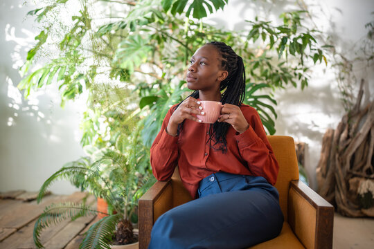 Dreaming african american woman holding cup of coffee sitting on chair in urban jungle interior looking aside window, thinking. Thoughtful black female resting on armchair surround houseplants. 
